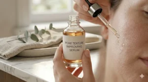 Close-up of a person applying a few drops of pore texture improving serum to their cheek with a glass dropper.