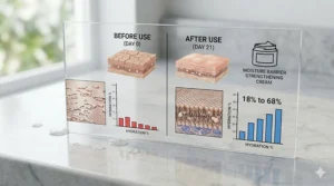 Comparison chart showing increased skin hydration levels after using a moisture barrier strengthening cream.