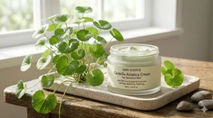 Detailed botanical illustration of a Centella Asiatica plant highlighting its skin-soothing properties.