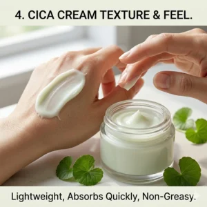 A smooth, lightweight cream swatch of centella asiatica skincare formulated for sensitive skin types.