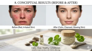 Conceptual illustration comparing irritated skin before and calm, healthy skin after using centella asiatica cream.