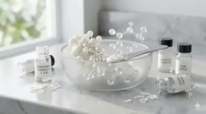 Close-up of ceramide and lipid molecules used in moisture barrier strengthening cream formulas.