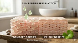 Graphic illustration showing how a centella asiatica cream strengthens and repairs a damaged sensitive skin barrier.