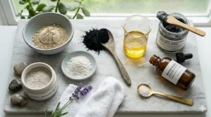 Flat lay illustration of natural ingredients like bentonite clay and kaolin used in a deep pore cleansing treatment mask.