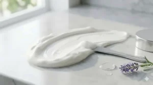 A thick, rich swatch of white moisture barrier strengthening cream showing its hydrating texture.