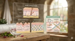 An educational illustration showing how a peptide serum penetrates skin layers to boost collagen production and reduce wrinkles.
