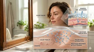 Medical illustration showing how a silicone serum creates a protective barrier over an acne scar to lock in moisture and flatten tissue.