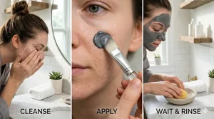 Step-by-step infographic showing the correct application of a deep pore cleansing treatment mask on a clean face.