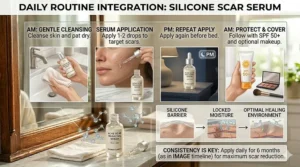 Step-by-step routine graphic showing when to apply the acne scar reducing serum silicone formula after cleansing and before sunscreen.
