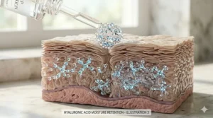 Deeply hydrating serum molecules attracting and locking in water within skin cells.