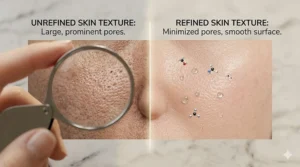 3D render of uneven skin surface being smoothed and refined by a hydrating pore treatment.