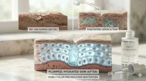 Before and after view of skin cells becoming plump and healthy after using a penetrating serum.