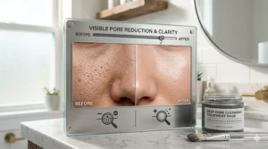 Iconography representing visible skin texture improvement after using a deep pore cleansing treatment mask.
