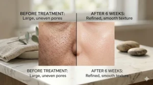 Side-by-side comparison of facial skin showing visible pores versus smooth skin after using a pore texture improving serum.