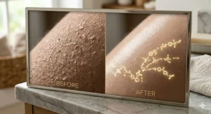 Before and after comparison graphic showing rough skin texture becoming smooth and even after using a smoothing cream.