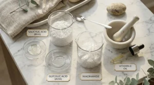 Flat lay of clinical skincare ingredients like salicylic acid and niacinamide used in a pore texture improving serum.