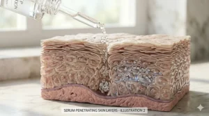 Illustration of penetrating hydration serum molecules traveling deep into the epidermis layers.
