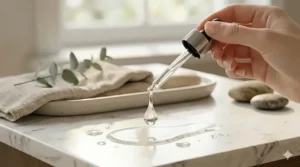 A lightweight, watery swatch of a pore texture improving serum on a white background to show product absorption.