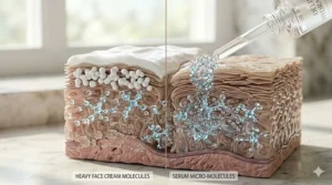 Comparison showing a hydration serum penetrating deeper than a standard heavy face cream.