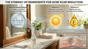 Infographic displaying medical-grade silicone blended with vitamins for optimal acne scar reduction.