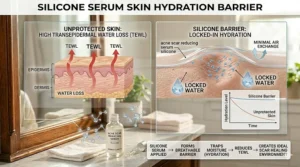 Cross-section illustration of the skin barrier retaining moisture thanks to a silicone scar serum layer.