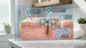 Diagram illustrating how a pH-balanced deep pore cleansing treatment mask maintains the skin barrier.