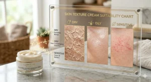A chart illustrating how a skin texture smoothing cream works safely for dry, oily, and sensitive skin types.
