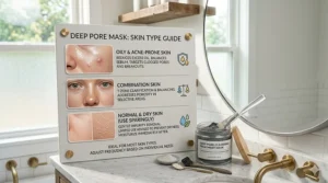 Chart showing the benefits of a deep pore cleansing treatment mask for oily, combination, and acne-prone skin.