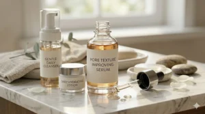 A curated shelfie including a cleanser, moisturizer, and a pore texture improving serum as part of a daily skincare routine.