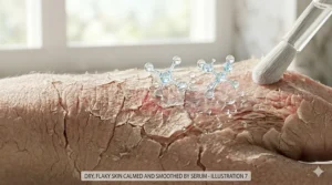 Illustration of red, flaky dry skin being calmed and smoothed by a hydrating serum.