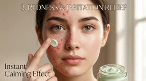 Illustration of a face transitioning from red and irritated to calm and hydrated after applying cica cream.