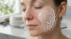 Illustration representing the calming effect of moisture barrier strengthening cream on sensitive, dry skin.