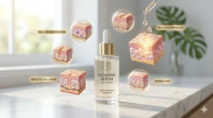 A 4K photorealistic infographic illustrating the anti-aging benefits of an exosome serum, showing cell regeneration, increased collagen production, wrinkle reduction, and hydration.