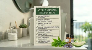 An illustration showing healthy habits to prevent breakouts in a teenage skincare routine.