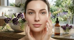 Split-screen illustration showing skin texture improvement and reduced fine lines after four weeks of using a natural bakuchiol serum.