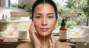 Illustration of a sun icon next to a face, demonstrating that bakuchiol serum is a sun-safe retinol alternative that doesn't increase UV sensitivity.