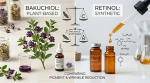 A side-by-side comparison chart showing why Bakuchiol is a popular, pregnancy safe retinol substitute derived from plants.