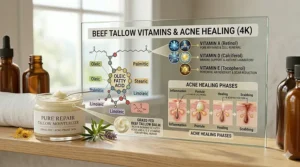 Diagram highlighting vitamins A, D, and E in grass-fed tallow balm.