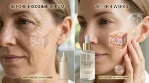A 4K photorealistic before-and-after comparison of skin texture, showing improved smoothness and reduced wrinkles after 4 weeks of consistent exosome serum anti-aging use, set under soft natural light.