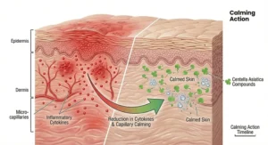 A stylized illustration of Centella Asiatica extract reducing redness and soothing irritated, acne-prone skin.