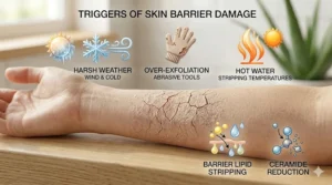 Infographic displaying environmental and skincare habits that cause a damaged dry skin barrier.