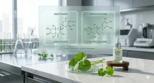 An infographic illustrating the active compounds in Centella Asiatica, including asiaticoside, that promote acne scar healing.