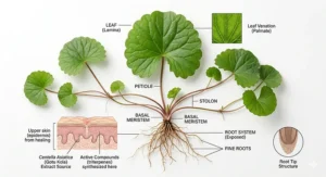 A detailed botanical illustration of a green Centella Asiatica leaf, a powerful natural ingredient for acne scar healing.