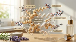 A scientific illustration of a multi-lamellar ceramide complex used in advanced barrier repair cosmetics.