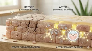 Visual representation of dry skin barrier healing before and after regular use of a ceramide moisturizer.