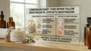 Comparison chart: natural tallow versus synthetic pore-clogging ingredients.
