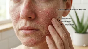 Illustration highlighting common symptoms of a compromised dry skin barrier including redness and flaking.
