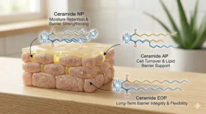 Scientific graphic breaking down the essential ceramide types found in a barrier repair moisturizer.