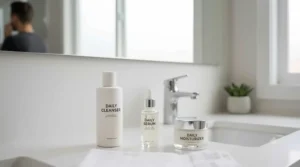 The essential products needed for a simple 3-step skincare for men daily routine.