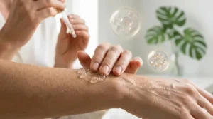 A 4K photorealistic macro close-up illustration of a hand gently massaging the transparent exosome serum into clean skin, showing texture absorption under soft natural light.